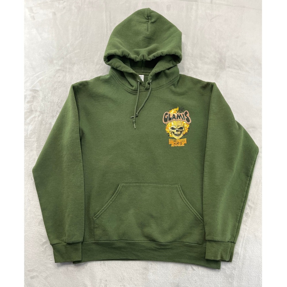 Jerzees Hoodie Mens Small Green Glamis Halloween 2022 Flaming Skull Pullover Y2K